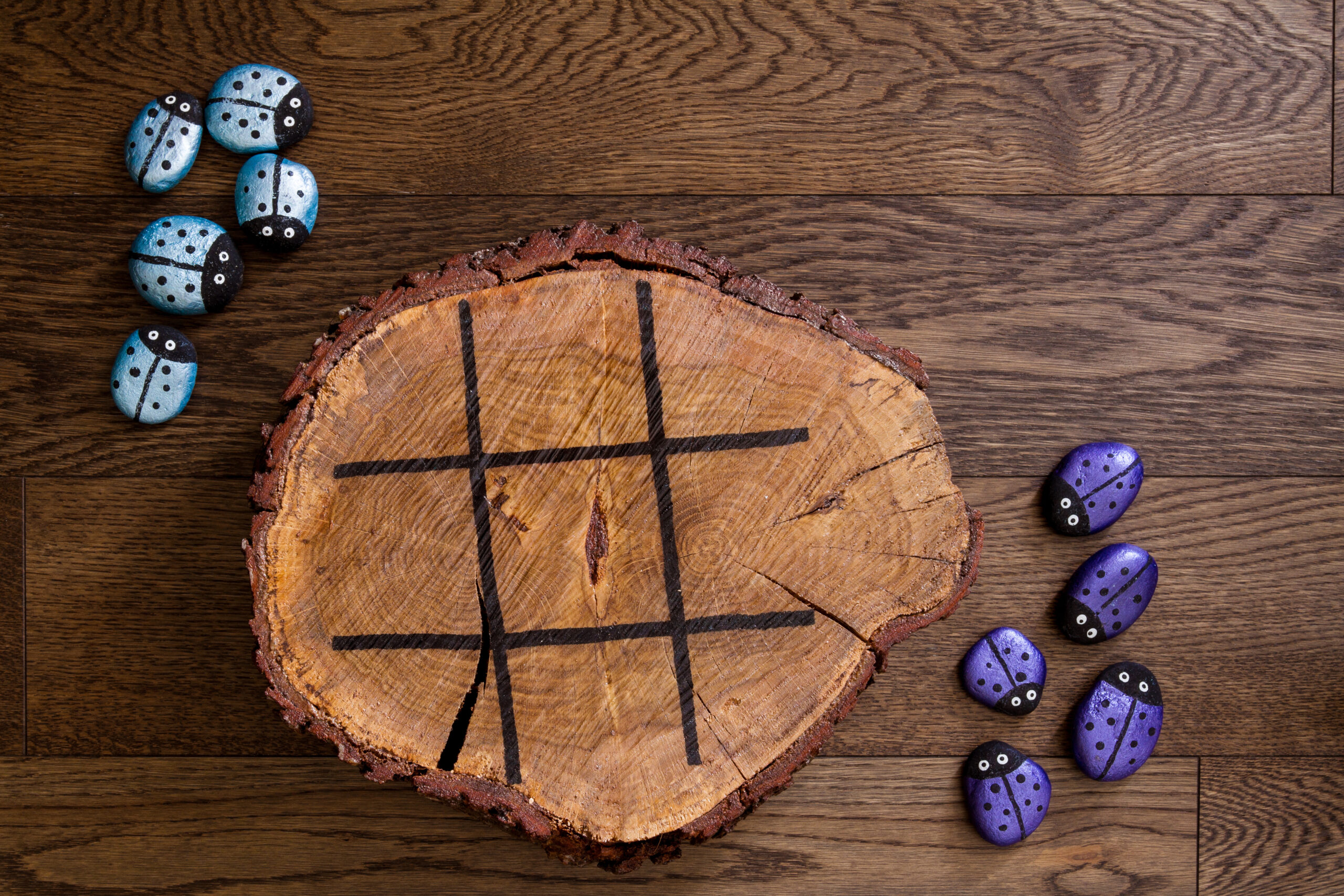 Hand Made Wood Burn Tic Tac Toe Game With Painted Rock Game Piec